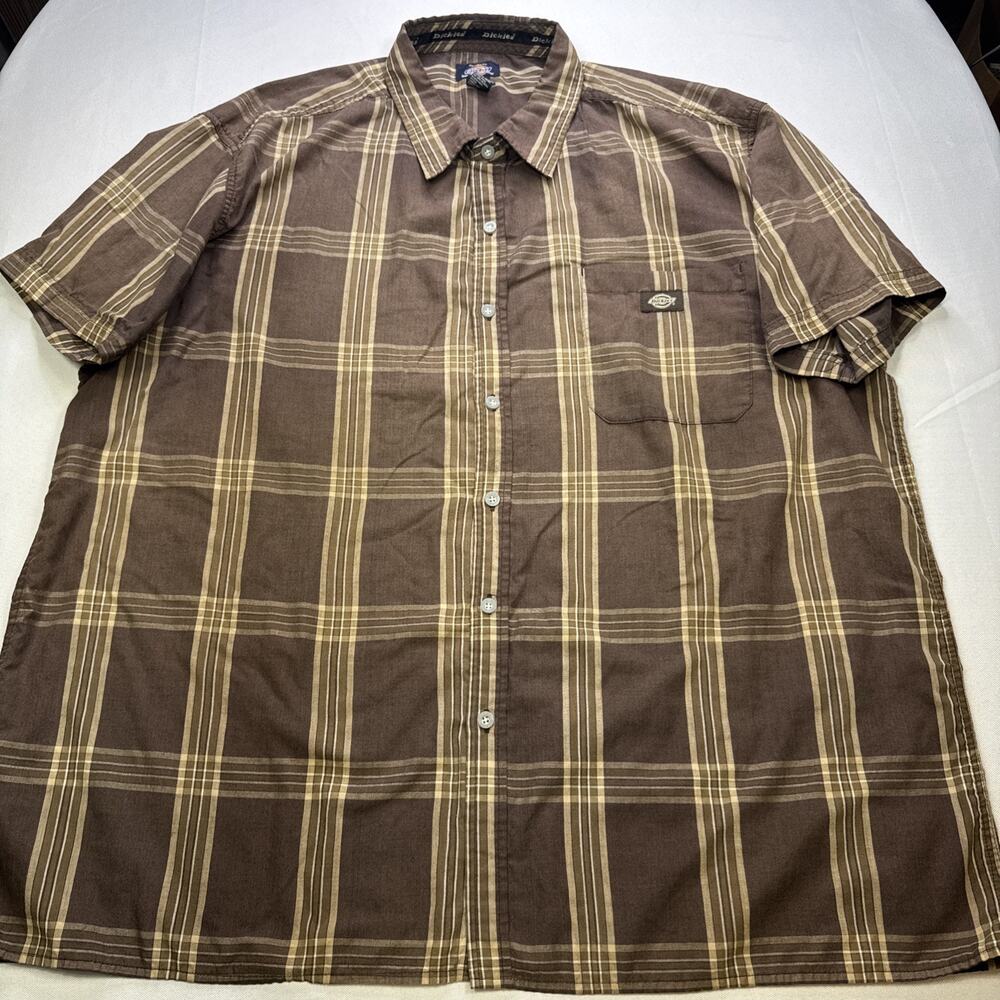 DICKIES Mens 3XL Shirt Brown Plaid Pocket Front Short Sleeve Cotton Y2K #0249